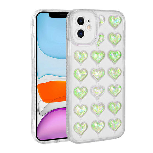 Apple iPhone 11 Kılıf Kamera Korumalı Renkli Kalp Desenli Transparan Zore Kalp Kapak