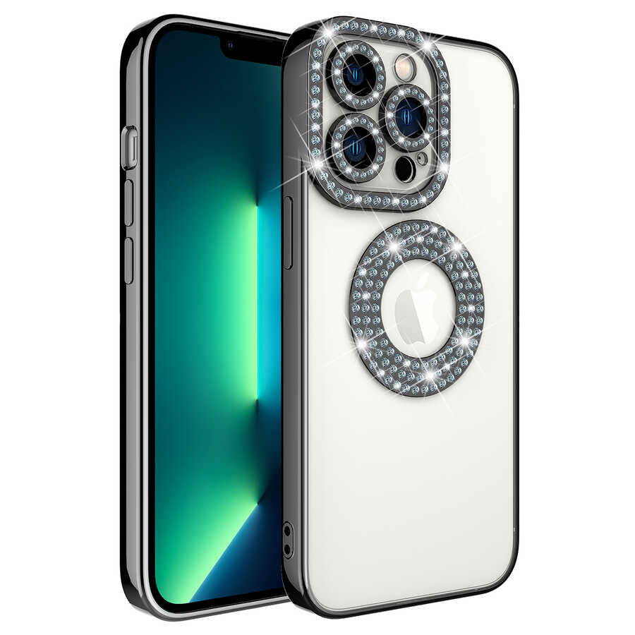 Apple iPhone 12 Pro Kılıf Kamera Korumalı Taş Süslemeli Arkası Şeffaf Zore Asya Kapak