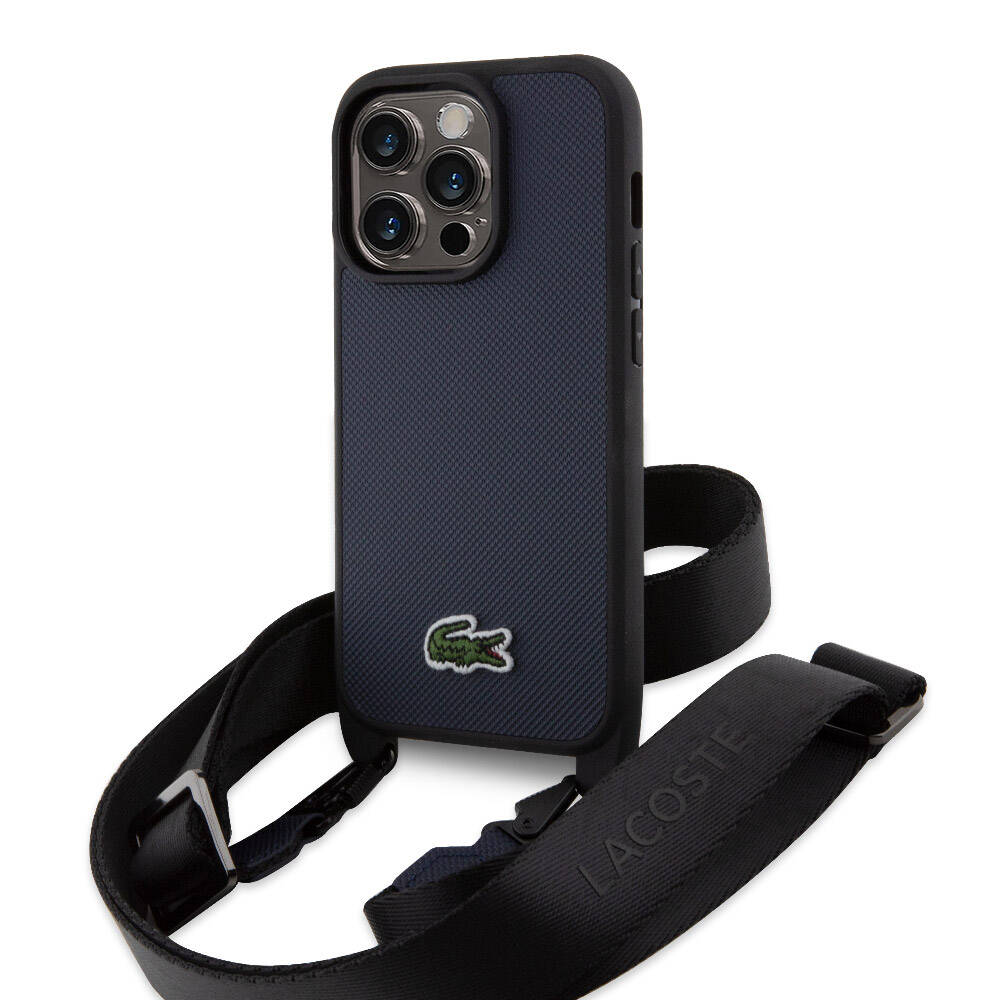 Apple iPhone 14 Pro Max Kılıf Lacoste Orjinal Lisanslı PU Pike Desenli Arka Yüzey Askılı İkonik Timsah Dokuma Logolu Kapak