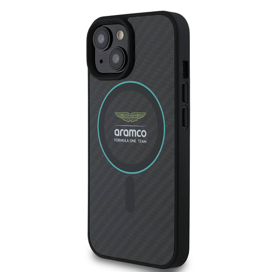 Apple iPhone 15 Kılıf Aston Martin Orjinal Lisanslı M-safe Şarj Özellikli Renkli Halka ve Karbon Fiber Tasarımlı Kapak