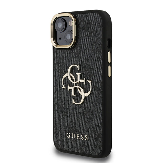 Apple iPhone 15 Kılıf Guess Orjinal Lisanslı PU Deri 4G Desenli Metal Büyük 4G ve Yazı Logolu Kamera Standlı Kapak