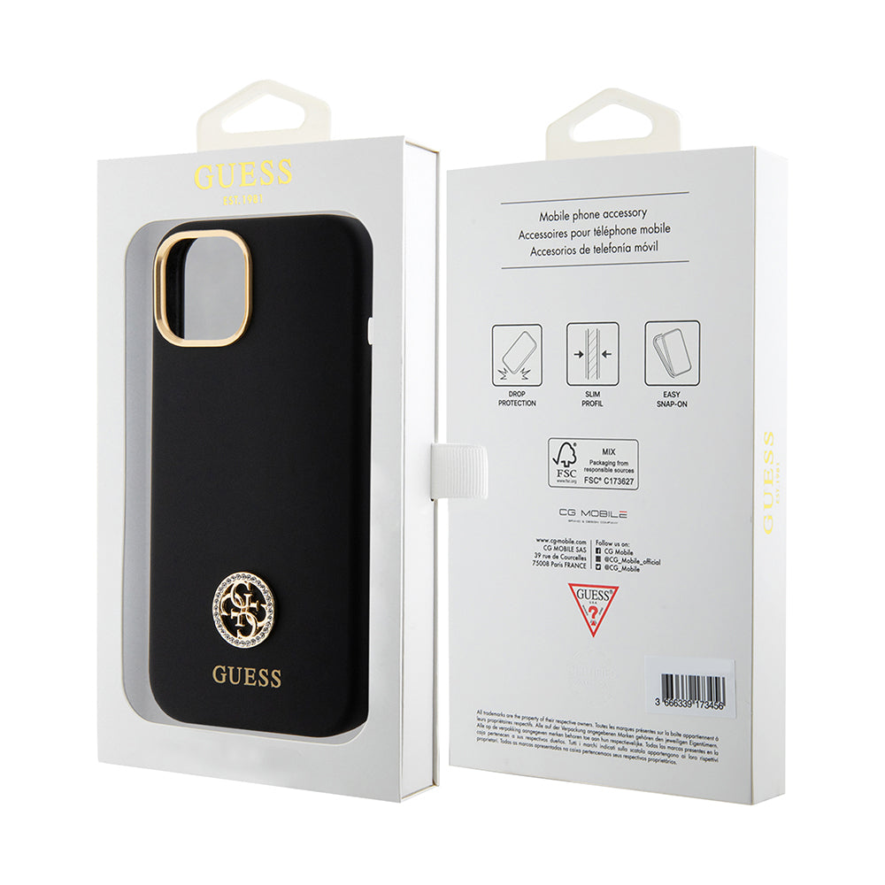 Apple iPhone 15 Kılıf Guess Orjinal Lisanslı Yazı ve Taşlı 4G Logolu Metal Kamera Çerçeveli Silikon Kapak