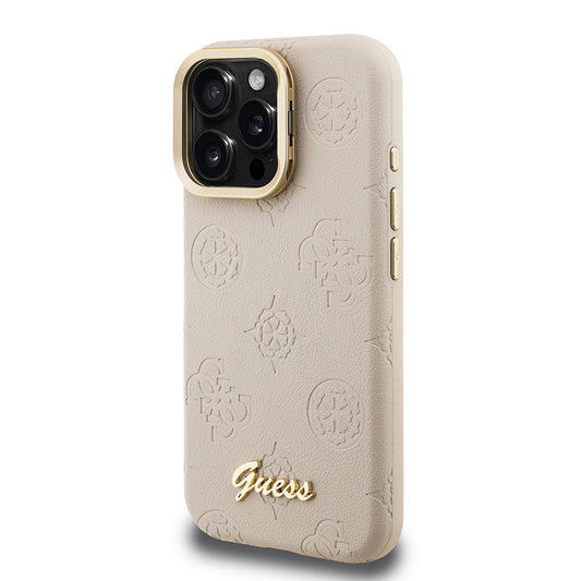 Apple iPhone 15 Pro Kılıf Guess Orjinal Lisanslı M-safe Şarj Özellikli Sıcak Baskılı Yazı Logolu Kamera Standlı PU Deri Peony Kapak