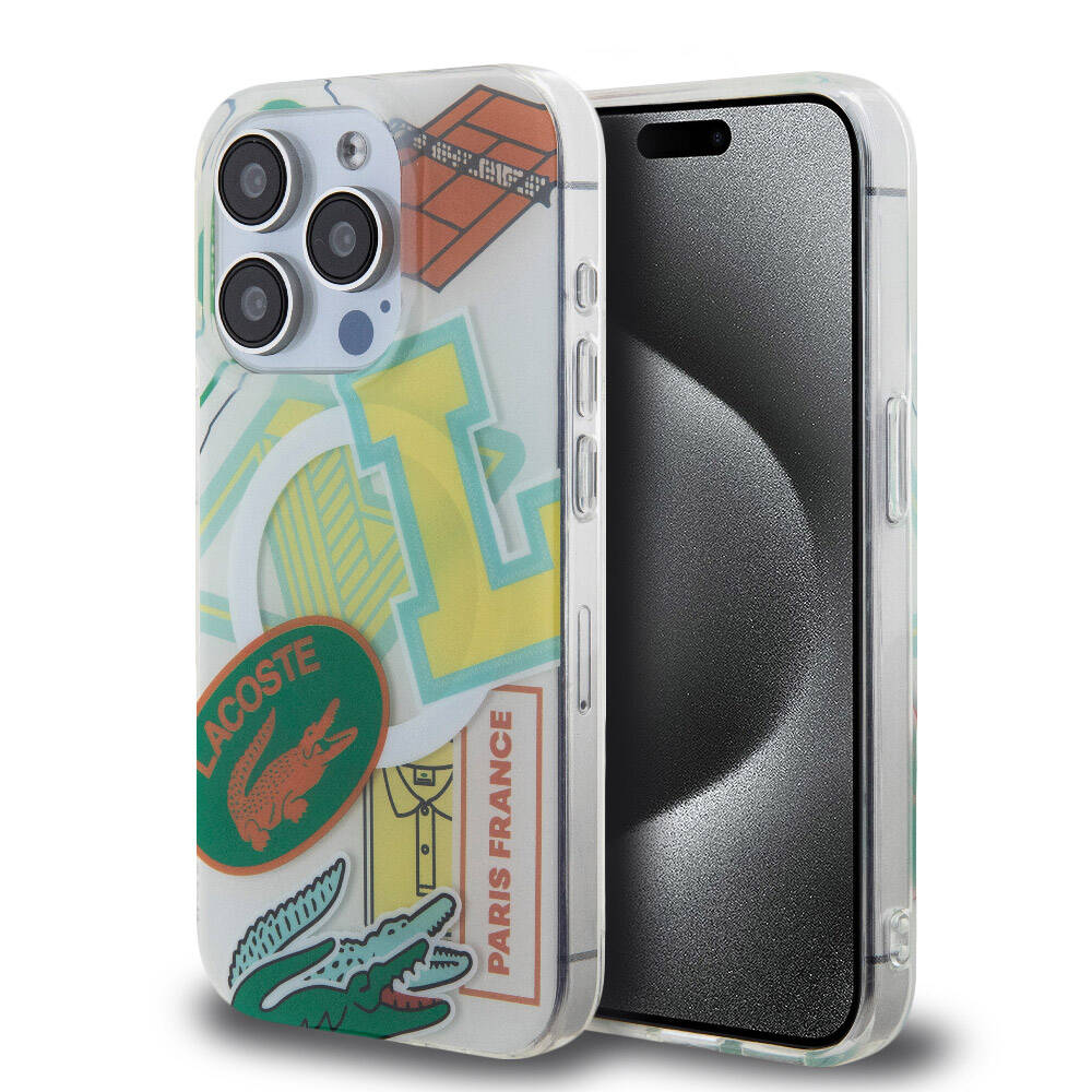 Apple iPhone 15 Pro Kılıf Lacoste Orjinal Lisanslı M-safe Şarj Özellikli Çift Katmanlı Yamalar Desenli Kapak