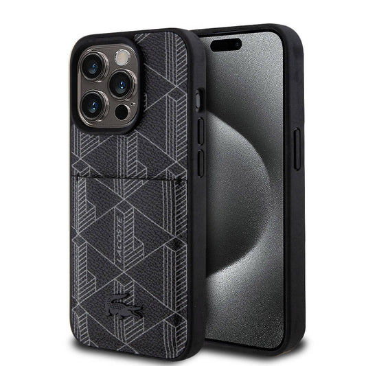 Apple iPhone 15 Pro Kılıf Lacoste Orjinal Lisanslı M-safe Şarj Özellikli PU Deri Görünümlü Kartlıklı Karışık Monogram Desenli Kapak