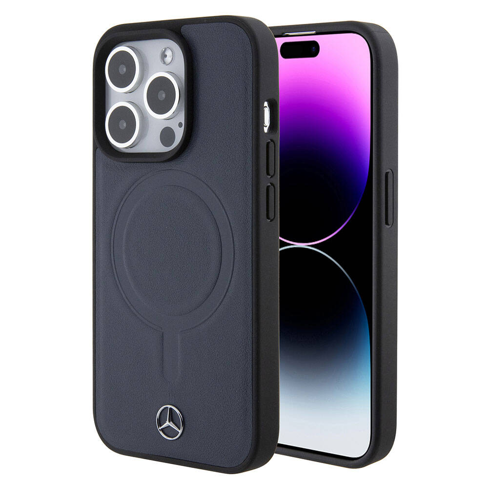Apple iPhone 15 Pro Kılıf Mercedes Benz Orjinal Lisanslı M-safe Şarj Özellikli Metal Yıldız Logolu Pürüzsüz Deri Kapak