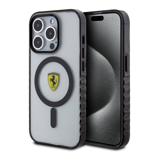 Apple iPhone 15 Pro Max Kılıf Ferrari Orjinal Lisanslı M-safe Şarj Özellikli Tırtıklı Kenar Tasarımlı Ortalanmış Logo Kapak