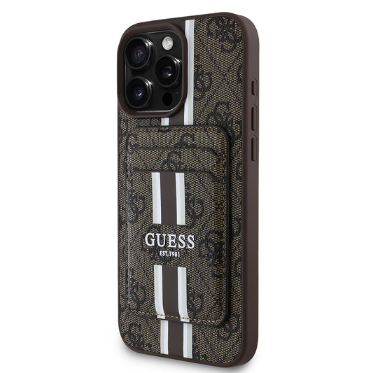 Apple iPhone 15 Pro Max Kılıf Guess Orjinal Lisanslı M-safe Şarj Özellikli 4G Desenli Çizgili Kartlıklı Kapak