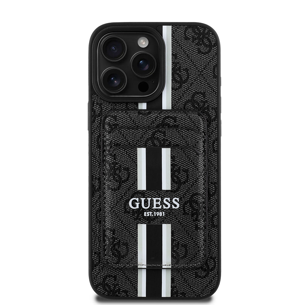 Apple iPhone 15 Pro Max Kılıf Guess Orjinal Lisanslı M-safe Şarj Özellikli 4G Desenli Çizgili Kartlıklı Kapak