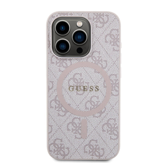 Apple iPhone 15 Pro Max Kılıf Guess Orjinal Lisanslı M-safe Şarj Özellikli PU Halkalı 4G Desenli Yazı Logolu Kapak