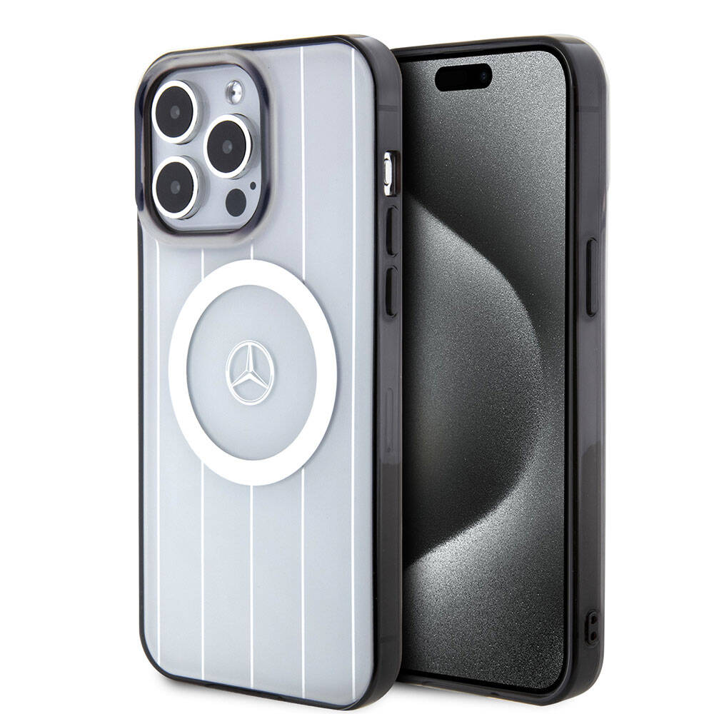 Apple iPhone 15 Pro Max Kılıf Mercedes Benz Orjinal Lisanslı M-safe Şarj Özellikli Çift Katmanlı Paralel Çizgi Desenli Kapak