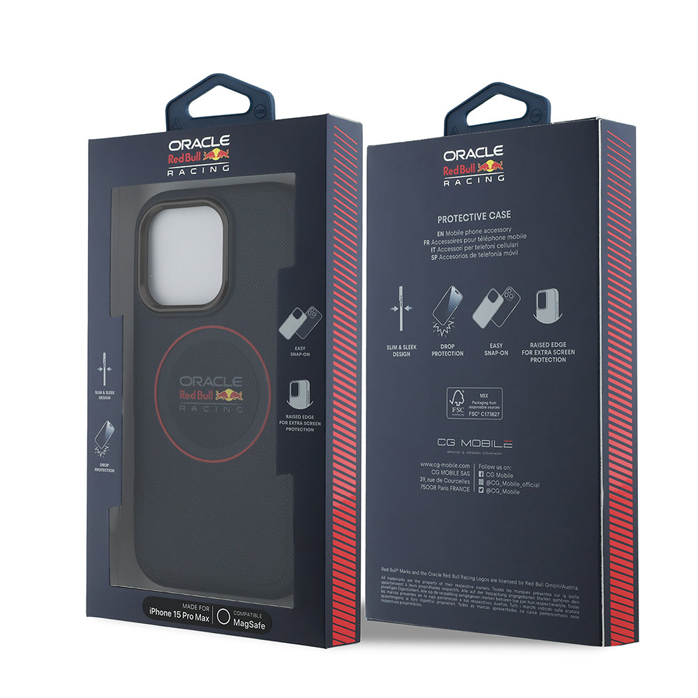 Apple iPhone 15 Pro Max Kılıf Redbull Orjinal Lisanslı M-safe Şarj Özellikli Kırmızı Halka ve Logo Kabartmalı PU Deri Kapak