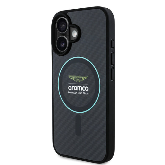 Apple iPhone 16 Kılıf Aston Martin Orjinal Lisanslı M-safe Şarj Özellikli Renkli Halka ve Karbon Fiber Tasarımlı Kapak