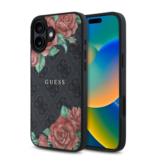 Apple iPhone 16 Kılıf Guess Orjinal Lisanslı M-safe Şarj Özellikli Gül Baskılı 4G Desenli Yazı Logolu Kapak