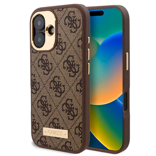 Apple iPhone 16 Kılıf Guess Orjinal Lisanslı M-safe Şarj Özellikli PU 4G Desenli Metal Plaka Klasik Logolu Kapak