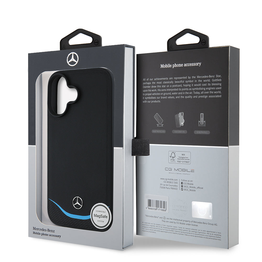 Apple iPhone 16 Kılıf Mercedes Benz Orjinal Lisanslı M-safe Şarj Özellikli 3D Metal Logolu Mavi Yatay Eğri Çizgili Deri Kapak