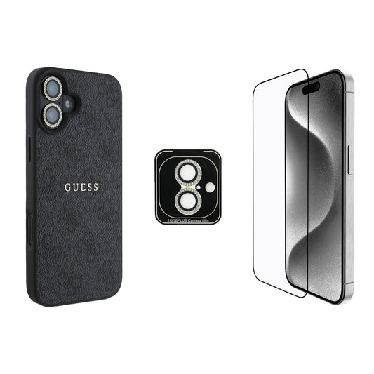 Apple iPhone 16 Plus Guess Orjinal Lisanslı Kılıf + Ekran Koruyucu + Lens Koruyucu 3in1 Aksesuar Seti