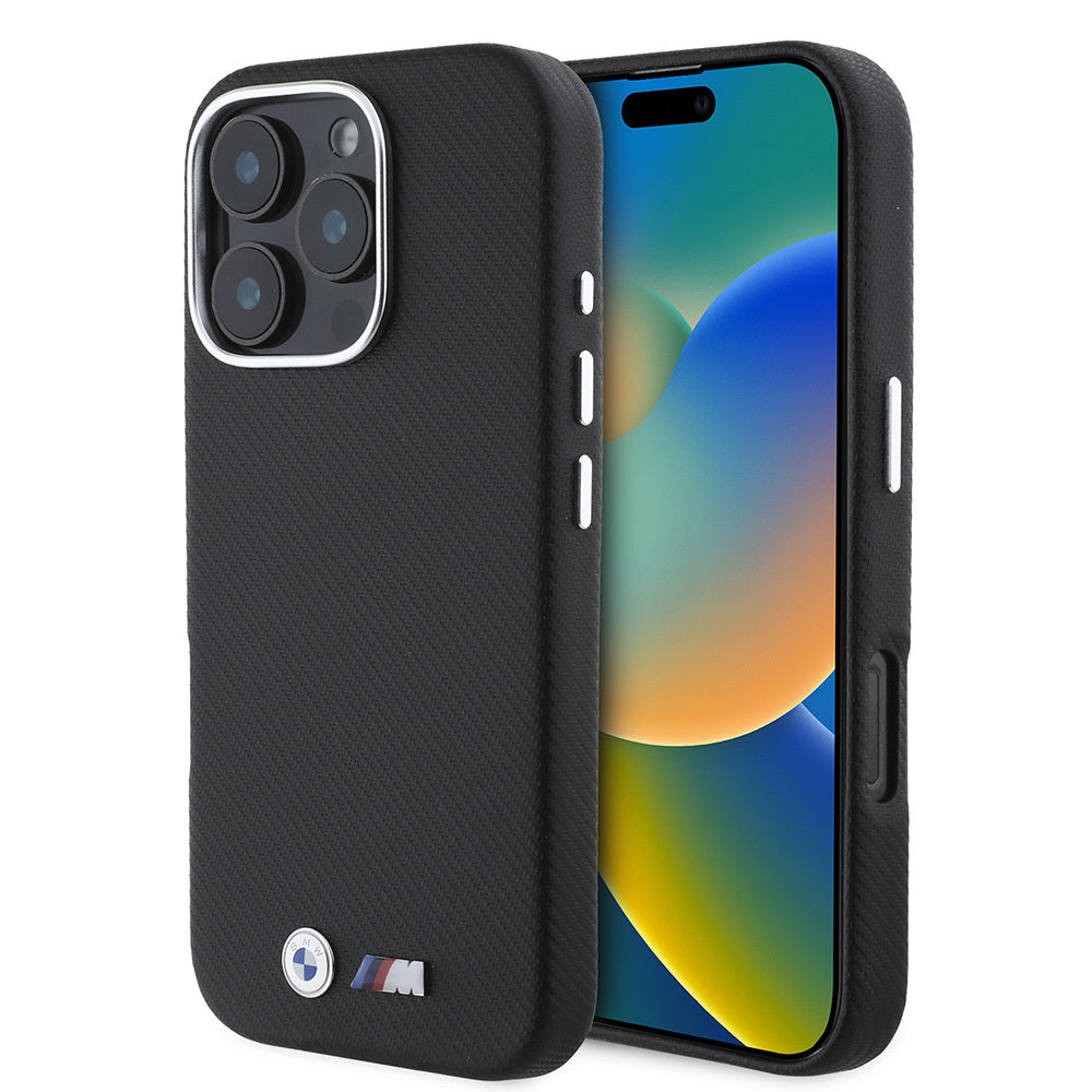 Apple iPhone 16 Pro Kılıf BMW Orjinal Lisanslı Tam Sarılmış Karbon Tasarımlı Metal Logo Suni Deri Kapak