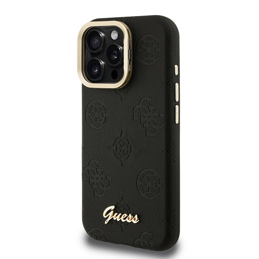Apple iPhone 16 Pro Kılıf Guess Orjinal Lisanslı M-safe Şarj Özellikli Sıcak Baskılı Yazı Logolu Kamera Standlı PU Deri Peony Kapak