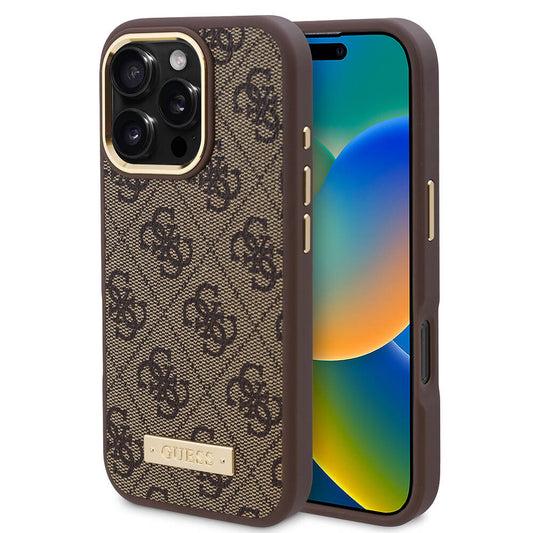 Apple iPhone 16 Pro Kılıf Guess Orjinal Lisanslı M-safe Şarj Özellikli 4G Desenli PU Metal Plaka Klasik Logolu Kapak
