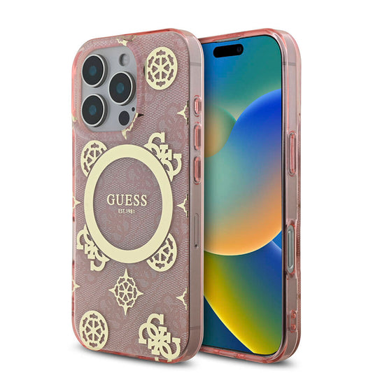 Apple iPhone 16 Pro Kılıf Guess Orjinal Lisanslı M-safe Şarj Özellikli IML Peony ve 4G Desenli Klasik Logolu Kapak