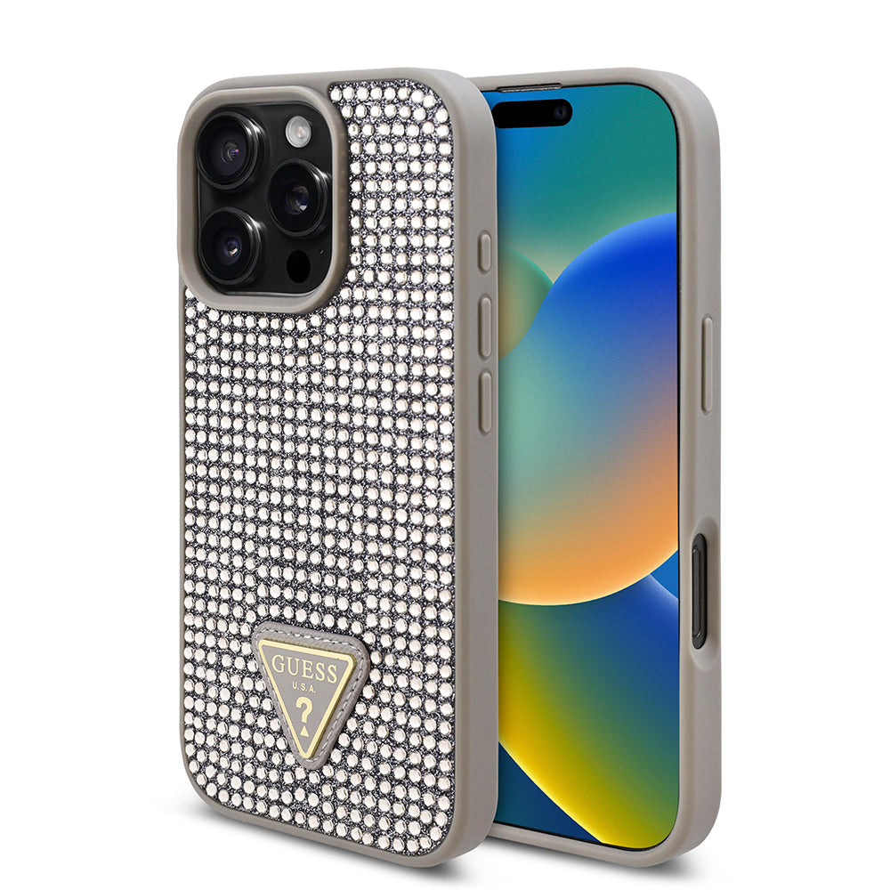 Apple iPhone 16 Pro Kılıf Guess Orjinal Lisanslı Taşlı Arka Yüzey Üçgen Logolu Kapak