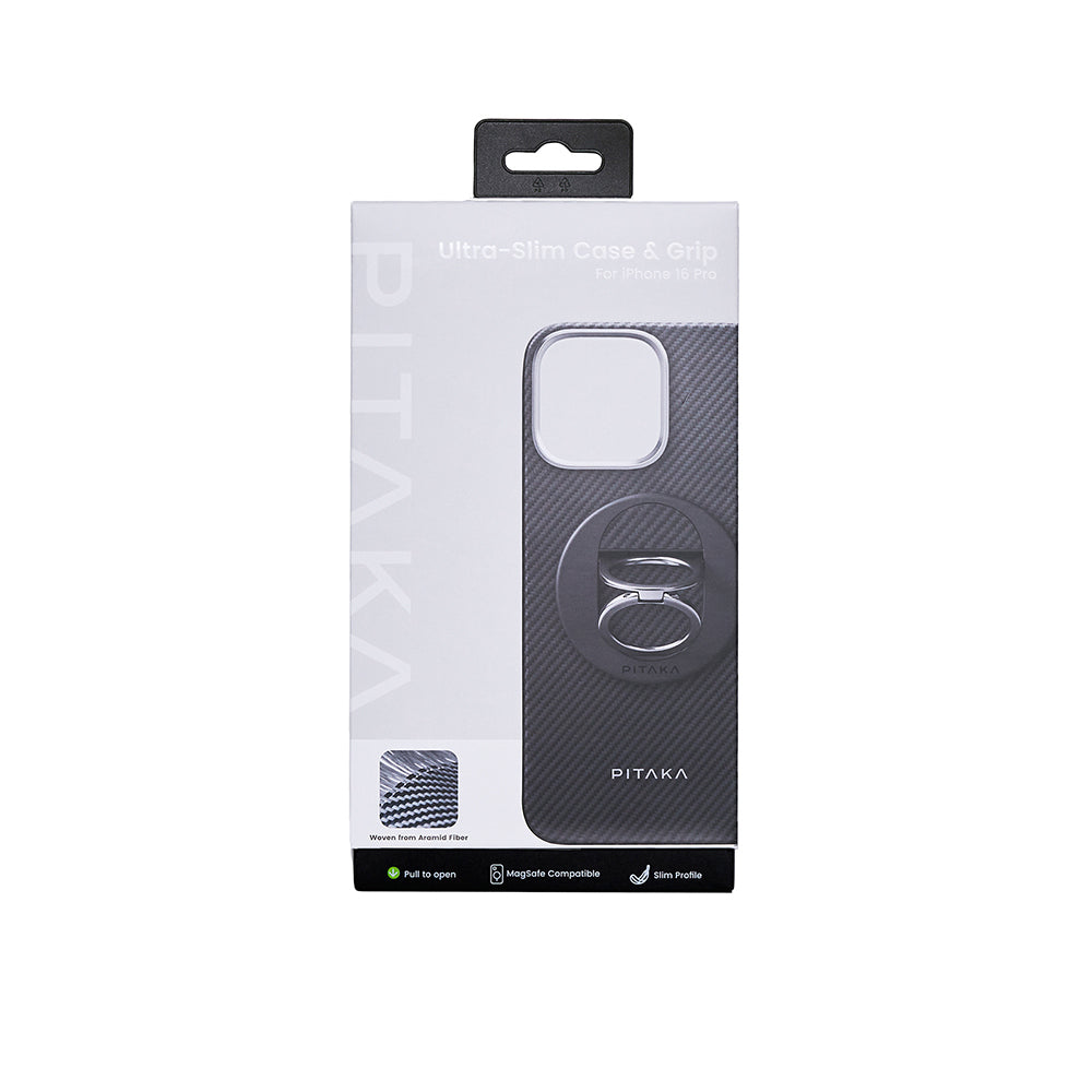 Apple iPhone 16 Pro Kılıf M-safe Şarj Özellikli Grip 3 Standlı 600D Aramid Fiber Pitaka Ultra-Slim Classic Serisi Black-Grey Twill Kapak