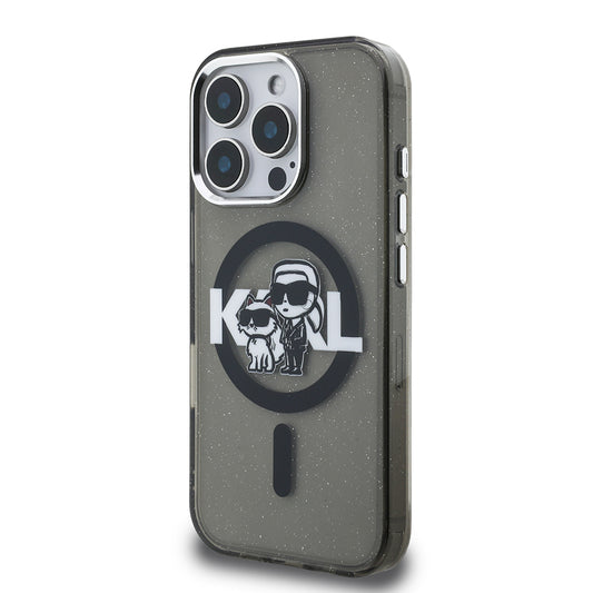 Apple iPhone 16 Pro Max Kılıf Karl Lagerfeld Orjinal Lisanslı Parlayan Simli Karl & Choupette Sketch Logo Kapak
