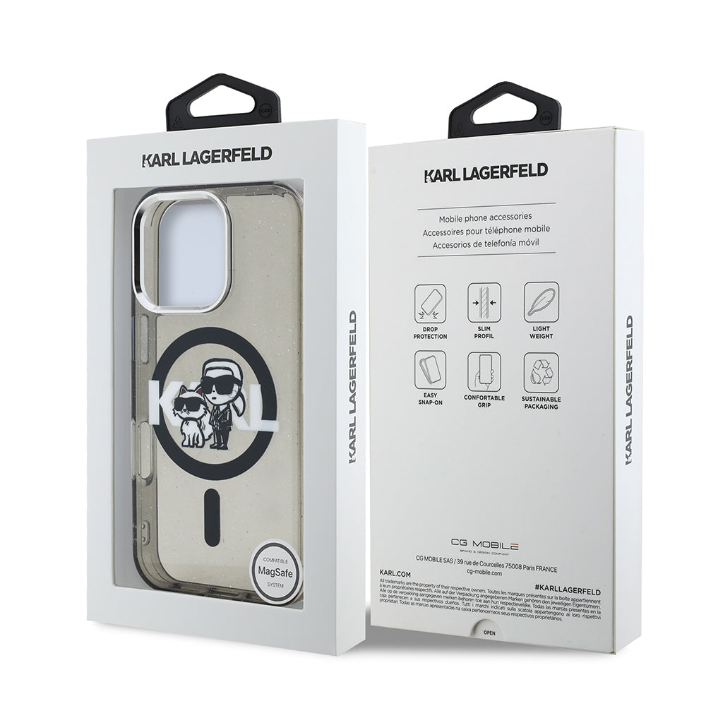 Apple iPhone 16 Pro Max Kılıf Karl Lagerfeld Orjinal Lisanslı Parlayan Simli Karl & Choupette Sketch Logo Kapak