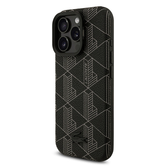 Apple iPhone 16 Pro Max Kılıf Lacoste Orjinal Lisanslı M-safe Şarj Özellikli Standlı PU Deri Karışık Monogram Desenli Kapak