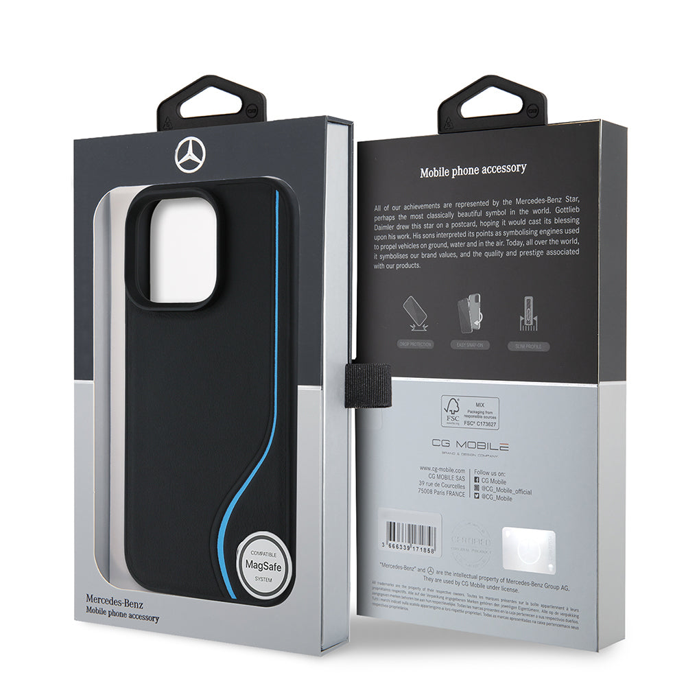 Apple iPhone 16 Pro Max Kılıf Mercedes Benz Orjinal Lisanslı M-safe Şarj Özellikli 3D Metal Logolu Mavi Dikey Eğri Çizgili Deri Kapak