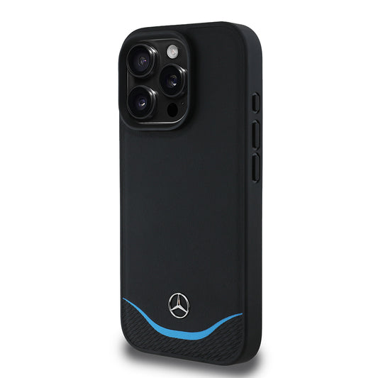Apple iPhone 16 Pro Max Kılıf Mercedes Benz Orjinal Lisanslı M-safe Şarj Özellikli 3D Metal Logolu Mavi Yatay Eğri Çizgili Deri Kapak