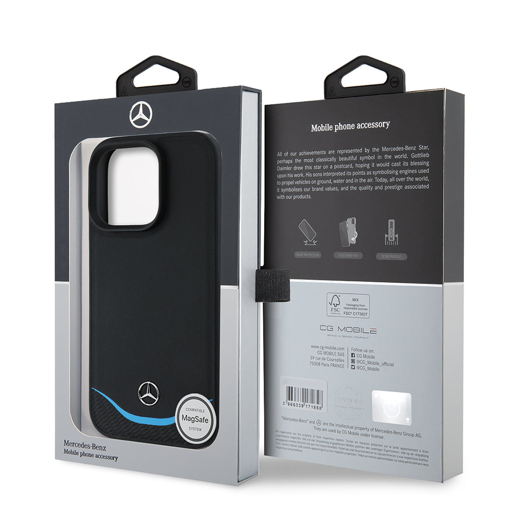 Apple iPhone 16 Pro Max Kılıf Mercedes Benz Orjinal Lisanslı M-safe Şarj Özellikli 3D Metal Logolu Mavi Yatay Eğri Çizgili Deri Kapak