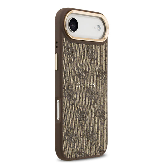 Apple iPhone 17 Air Kılıf Guess Orjinal Lisanslı M-safe Şarj Özellikli Gold Metal Kamera Çerçeveli PU Deri 4G Desenli Yazı Logolu Kapak