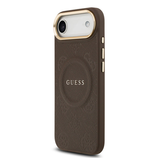 Apple iPhone 17 Air Kılıf Guess Orjinal Lisanslı M-safe Şarj Özellikli Sıcak Baskılı Yazı Logolu PU Deri Peony Kapak
