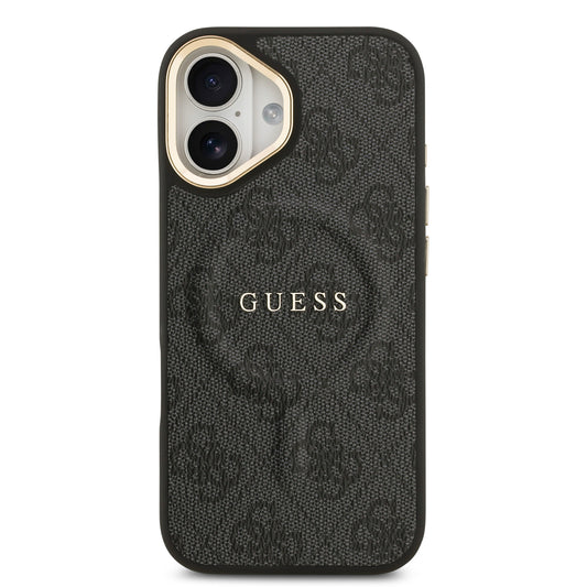 Apple iPhone 17 Kılıf Guess Orjinal Lisanslı M-safe Şarj Özellikli Gold Metal Kamera Çerçeveli PU Deri 4G Desenli Yazı Logolu Kapak