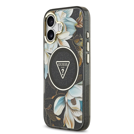 Apple iPhone 17 Kılıf Guess Orjinal Lisanslı M-safe Şarj Özellikli Simli Çiçek Desenli Metal Kamera Çerçeveli Üçgen Logolu Kapak