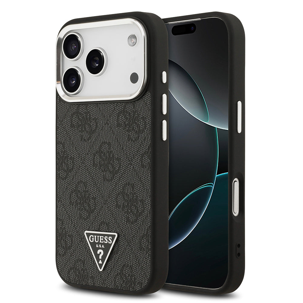 Apple iPhone 17 Pro Kılıf Guess Orjinal Lisanslı M-safe Şarj Özellikli Gümüş Metal Kamera Çerçeveli Üçgen Logo 4G Desenli Kapak