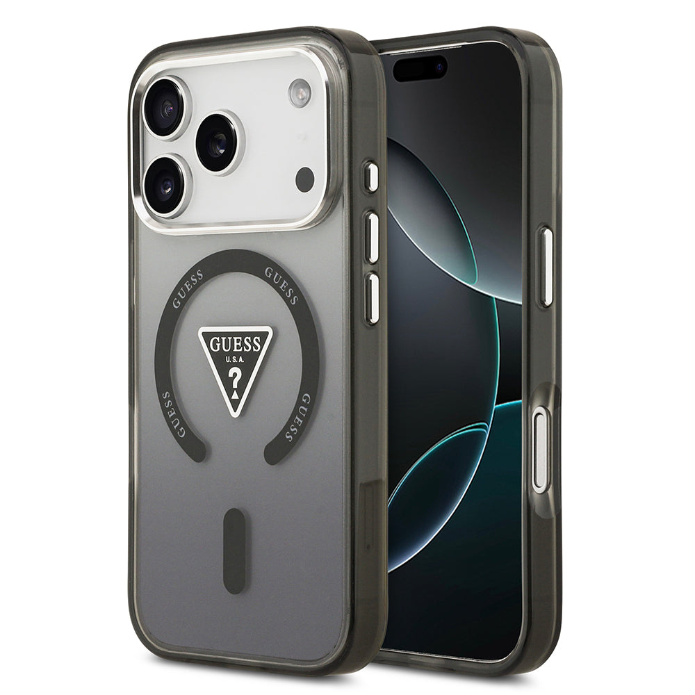 Apple iPhone 17 Pro Kılıf Guess Orjinal Lisanslı M-safe Şarj Özellikli IML Baskılı Üçgen Logolu Metal Kamera Çerçeveli Kapak