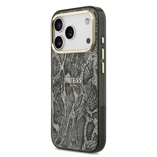 Apple iPhone 17 Pro Kılıf Guess Orjinal Lisanslı M-safe Şarj Özellikli Yazı Logolu Python Desenli Kapak
