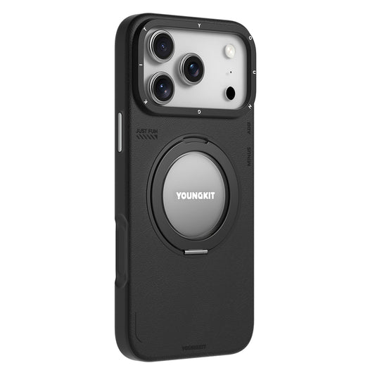 Apple iPhone 17 Pro Kılıf M-safe Şarj Özellikli 360 Derece Standlı Basit Mat Deri Desenli Youngkit Tech Leather Serisi Kapak