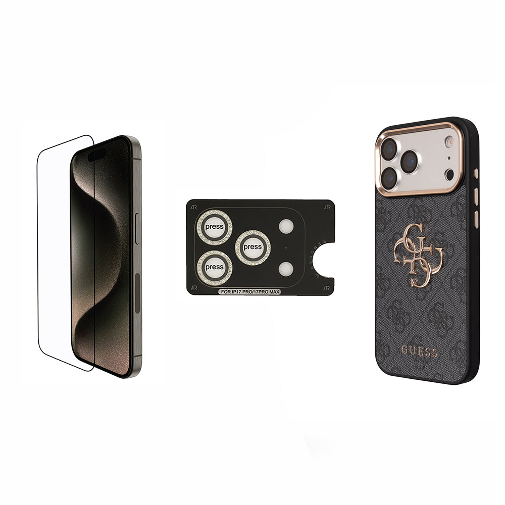 Apple iPhone 17 Pro Max Guess Orjinal Lisanslı Büyük 4G ve Yazı Logolu Kılıf + Ekran Koruyucu + Lens Koruyucu 3in1 Aksesuar Seti