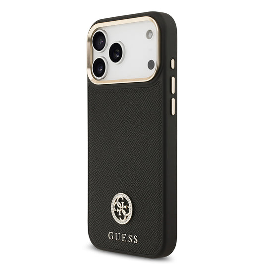Apple iPhone 17 Pro Max Kılıf Guess Orjinal Lisanslı M-safe Şarj Özellikli Grained Yazı ve Taşlı 4G Logolu Kapak