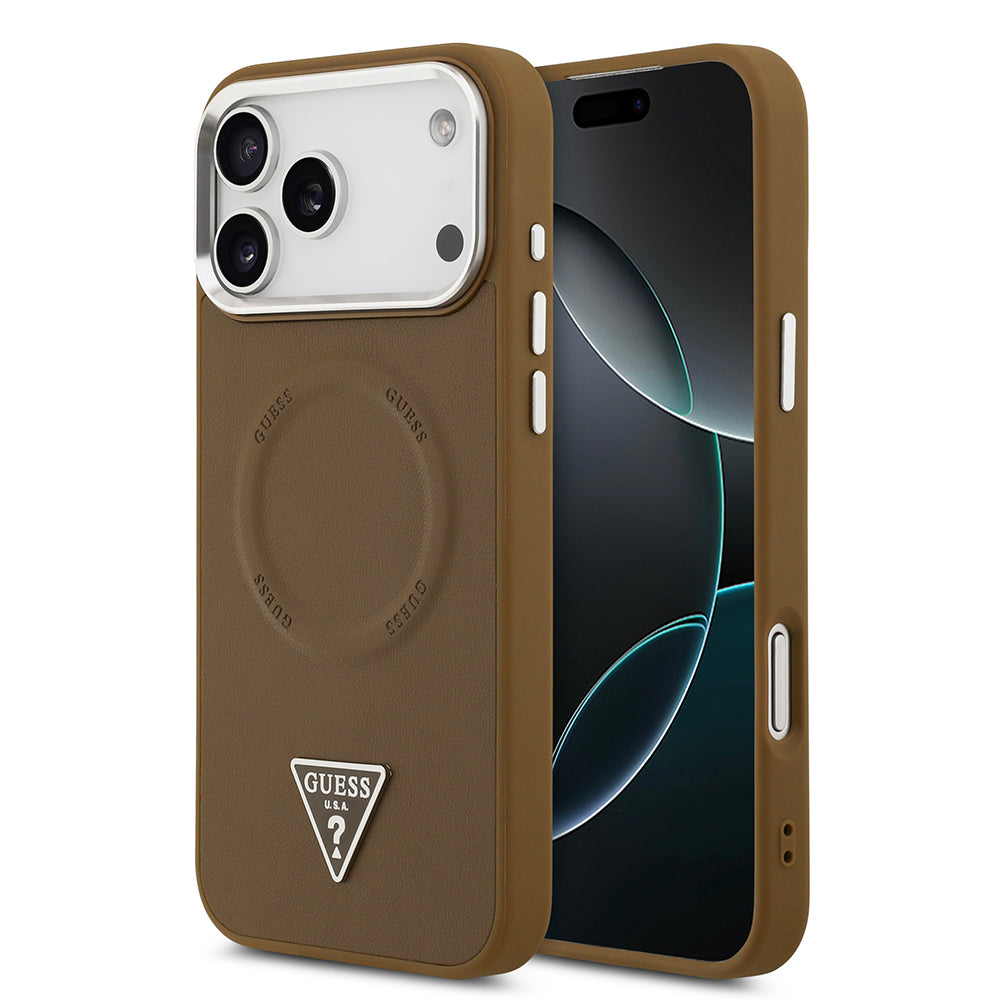 Apple iPhone 17 Pro Max Kılıf Guess Orjinal Lisanslı M-safe Şarj Özellikli PU Deri Metal Kamera Çerçeveli Üçgen Logolu Kapak