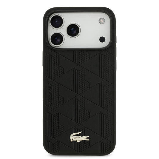 Apple iPhone 17 Pro Max Kılıf Lacoste Orjinal Lisanslı M-safe Şarj Özellikli PU Deri Tasarımlı Karışık Monogram Desenli Kapak