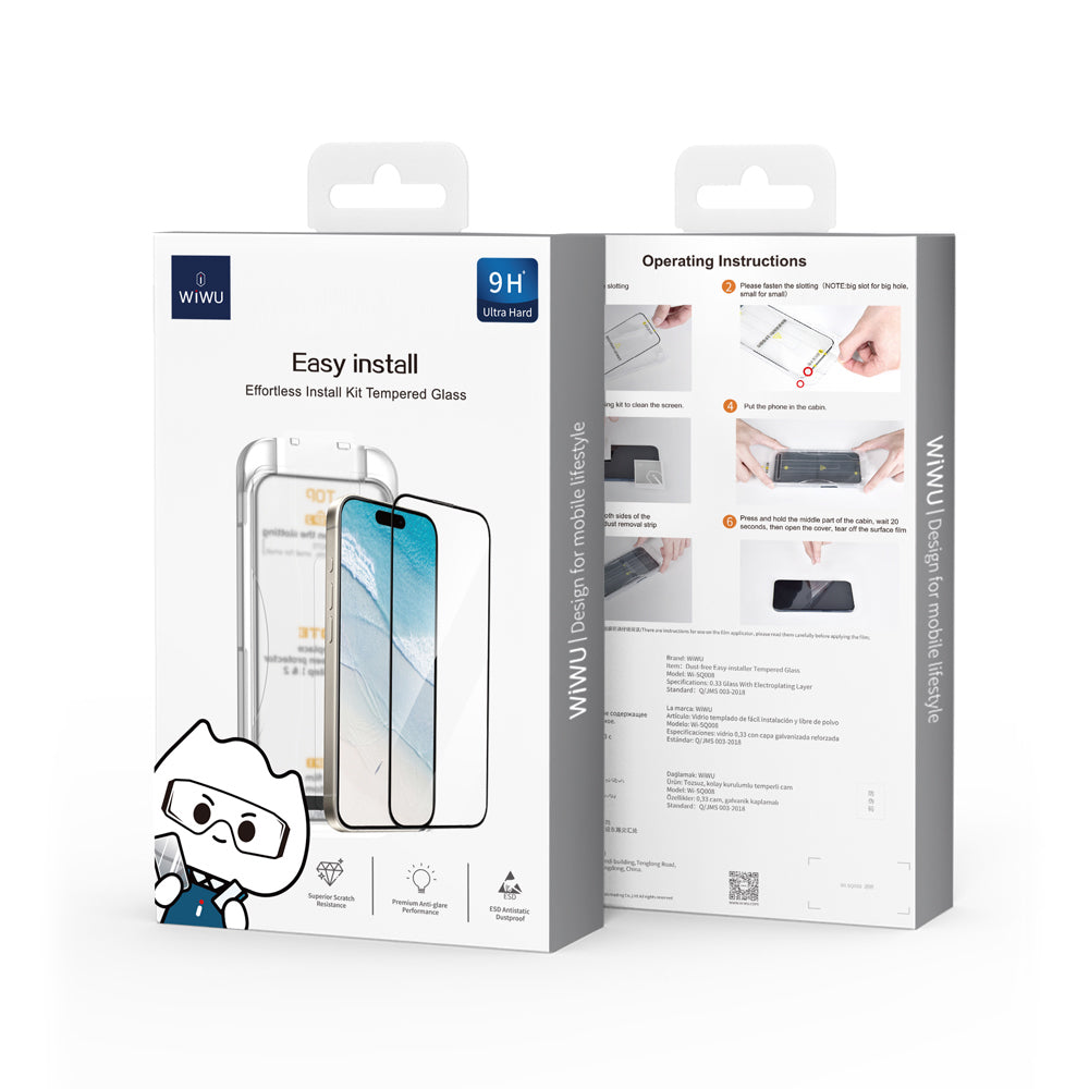 Apple iPhone 17 Pro Max Wiwu SQ-008 Oleofobik Easy Install Darbeye Karşı Dayanıklı Temperli Cam Ekran Koruyucu + Kolay Uygulama Aparatlı