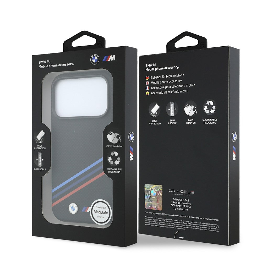 Apple iPhone 18 Pro Max Kılıf BMW Orjinal Lisanslı M-safe Şarj Özellikli Üç Şeritli Metal M Logolu Karbon Fiber Kevlar Kapak