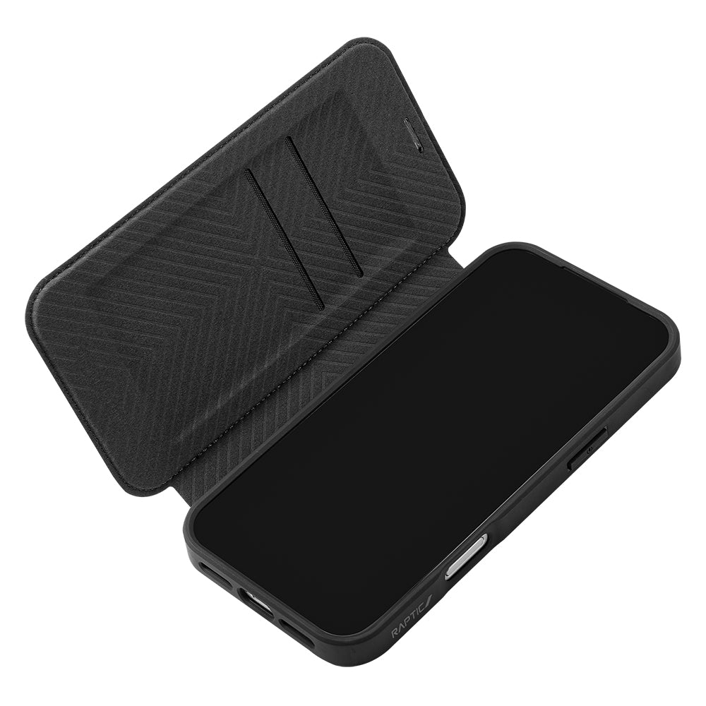 Apple iPhone 18 Pro Max Kılıf M-safe Şarj Özellikli Vegan Deri Tasarımlı Şeffaf Arka Yüzey Kartlıklı Raptic Urban Folio Serisi Kapak