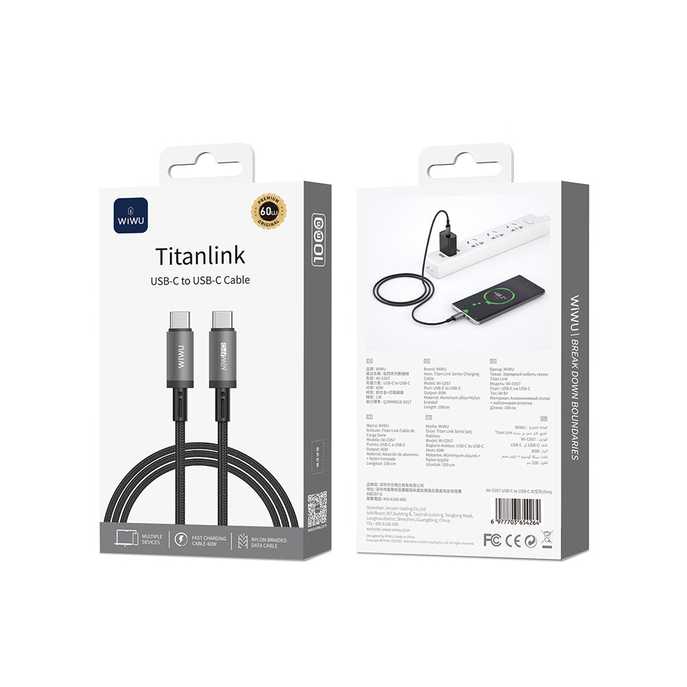 Wiwu Wi-C057 Titanlink Serisi Type-C to Type-C Hızlı Şarj Özellikli PD Data ve Şarj Kablosu 60W 1M