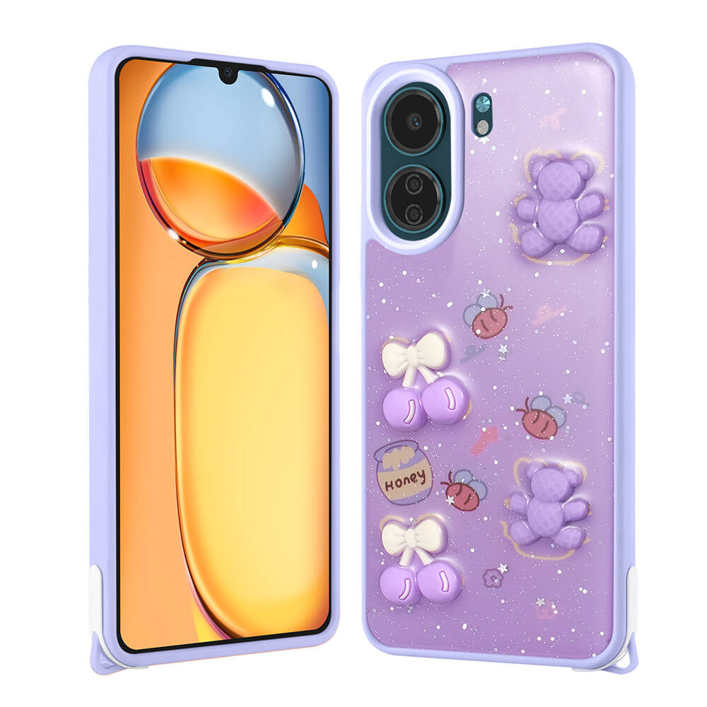 Xiaomi Poco C65 Kılıf Parlayan Simli Kabartma Figürlü Zore Cevze Kapak